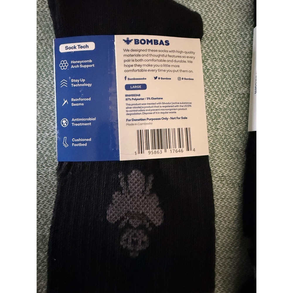 Bombas Mens Large Black Crew Socks 4 Pair Pack Honeycomb Arch Support New - Picture 3 of 3